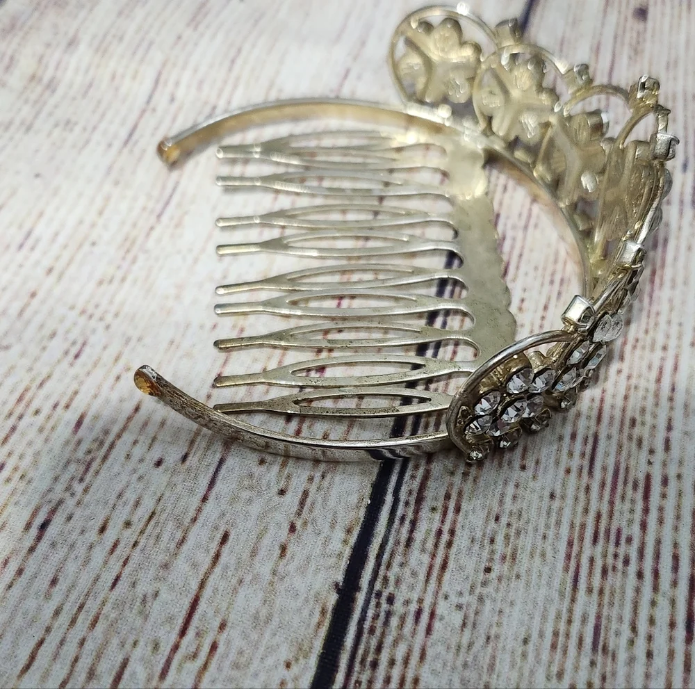 Vintage Light Gold 925 Marked Mini Tiara Rhinestone Comb